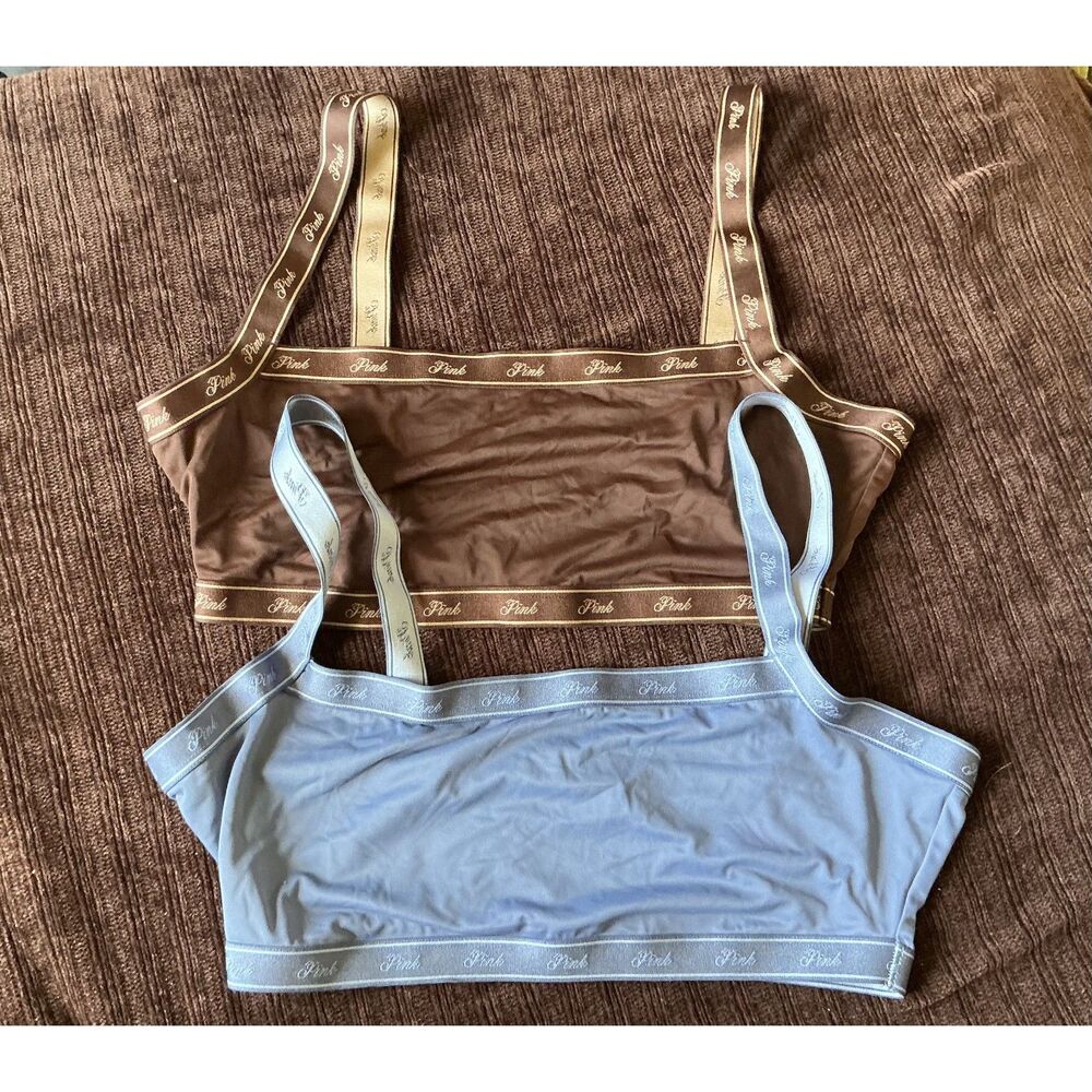 Victoria's Secret PINK Bralette Bundle Brown Blue Logo Band Set of 2